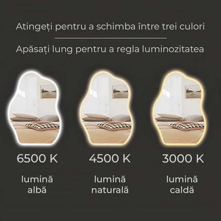 Oglindă baie LED H-3022 – formă neregulată, 3 lumini și anti-aburire