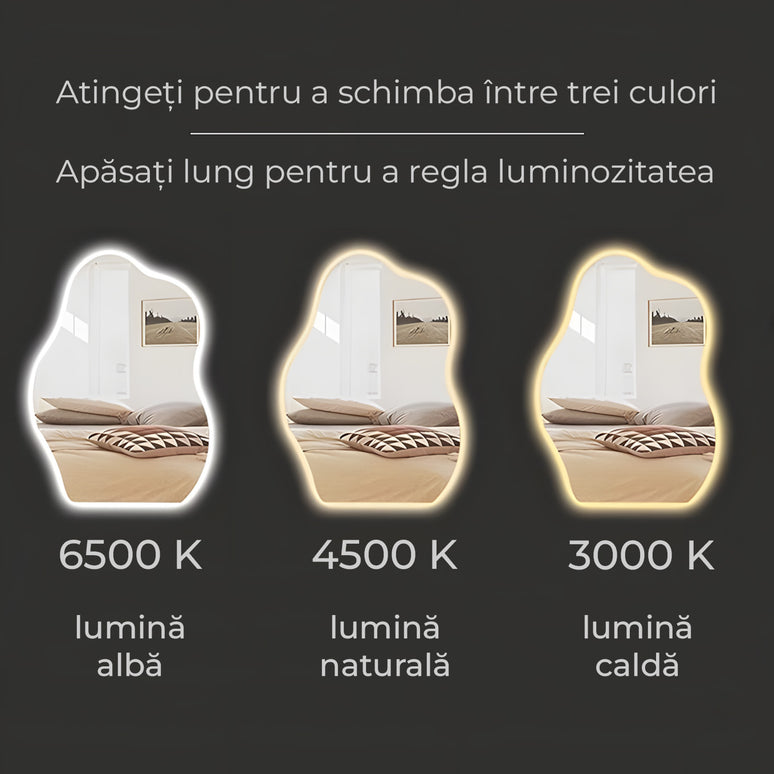 Oglindă baie LED H-3022 – formă neregulată, 3 lumini și anti-aburire