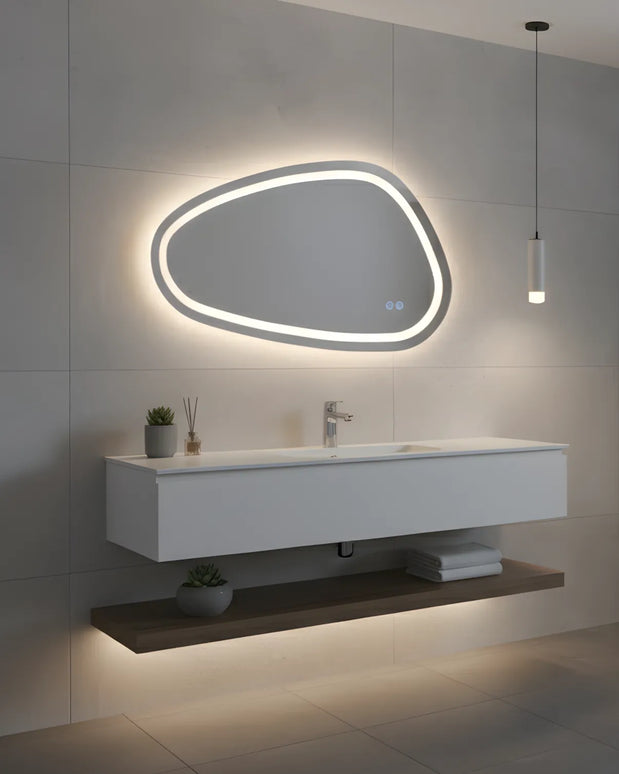 Oglindă baie LED H18 asimetrică cu 3 lumini, anti-aburire și touch control