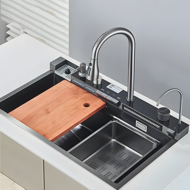 Chiuvetă multifuncțională cu accesorii, HMDF 7546 cu baterie digitală, Gri antracit www.olivy.ro