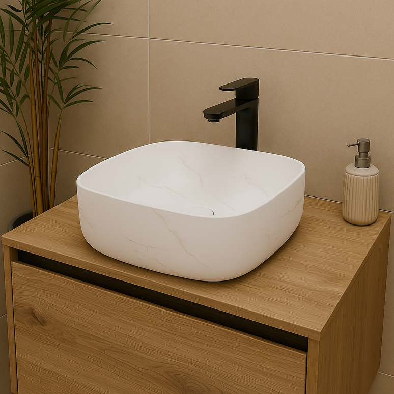 Lavoar ceramic pe blat alb cu finisaj marmorat – A707-CUGO7-M