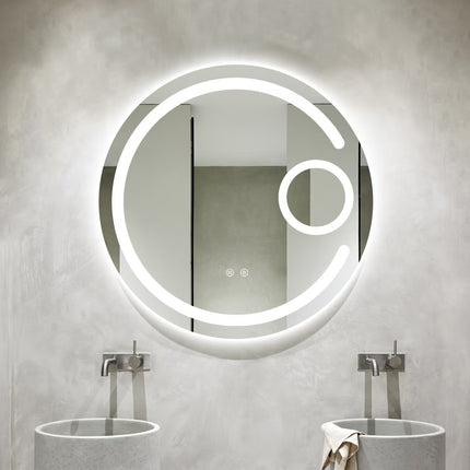 Oglindă baie LED H13 rotundă cu 3 lumini, anti-aburire, touch control și lupă