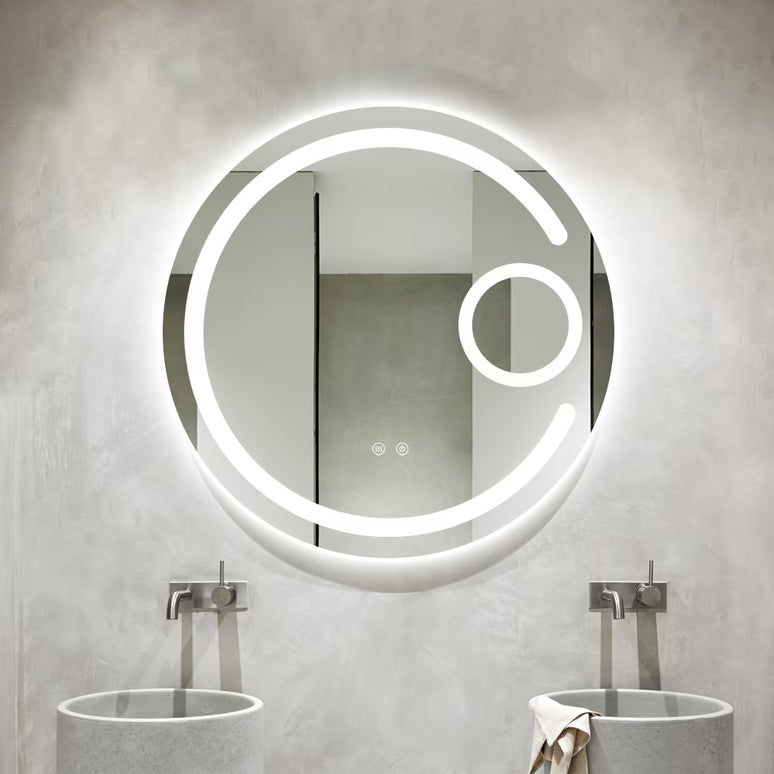Oglindă baie LED H13 rotundă cu 3 lumini, anti-aburire, touch control și lupă
