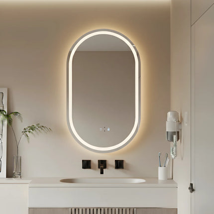Oglindă baie LED H120 ovală cu 3 lumini, senzor IR și anti-aburire