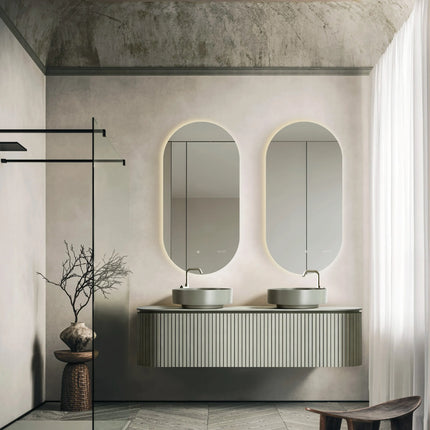 Set mobilier baie dublu 160 cm, suspendat, cu lavoar dublu din rășină și oglindă ovală LED pentru baie matrimonială