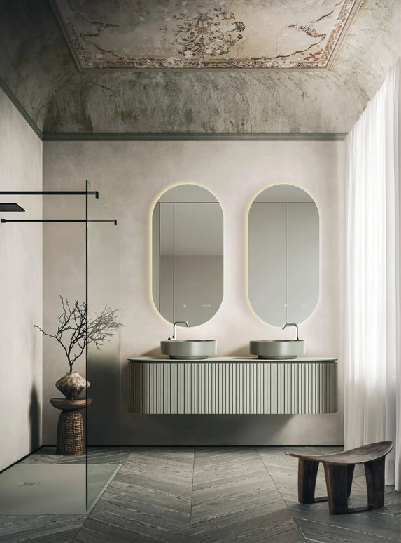 Set mobilier baie dublu 160 cm, suspendat, cu lavoar dublu din rășină și oglindă ovală LED pentru baie matrimonială