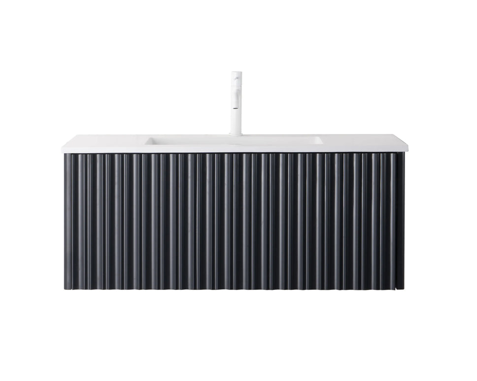 Set mobilier baie suspendat negru 100 cm cu lavoar și oglindă LED