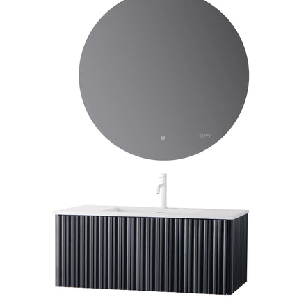 Set mobilier baie suspendat negru 100 cm cu lavoar și oglindă LED