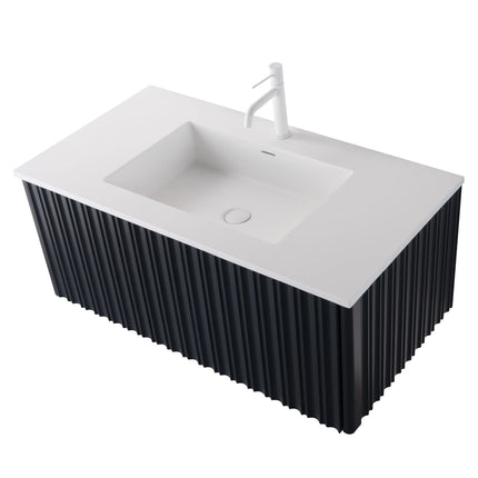 Set mobilier baie suspendat negru 100 cm cu lavoar și oglindă LED