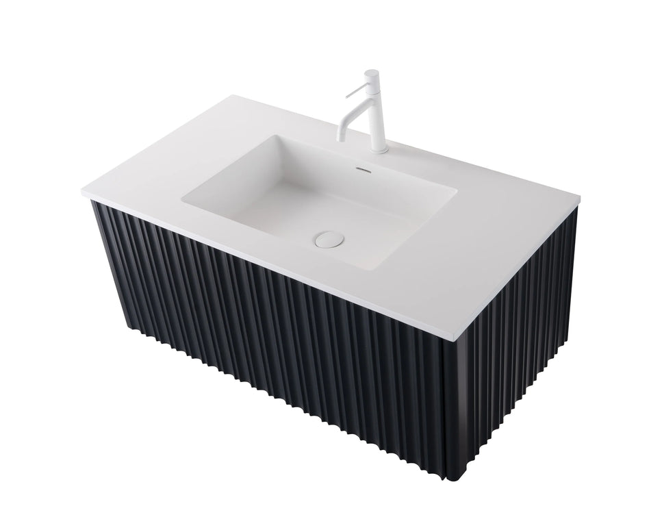 Set mobilier baie suspendat negru 100 cm cu lavoar și oglindă LED