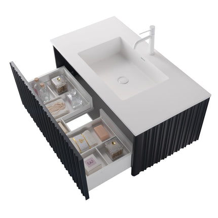 Set mobilier baie suspendat negru 100 cm cu lavoar și oglindă LED