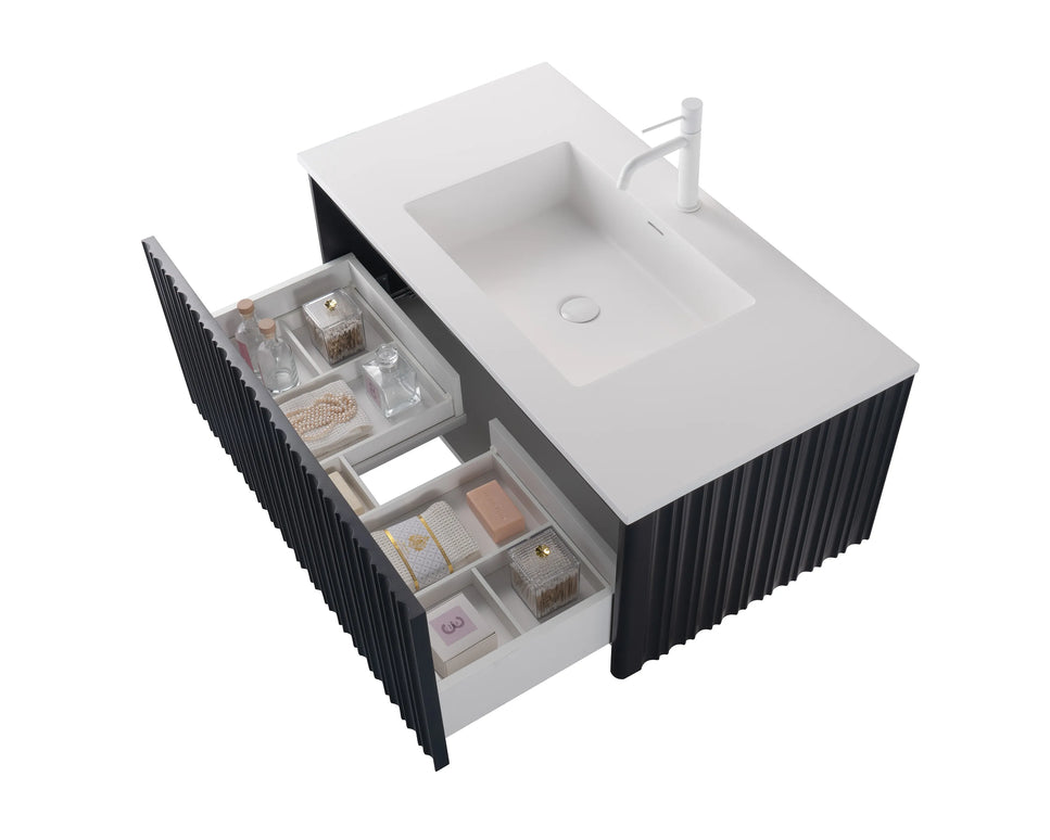 Set mobilier baie suspendat negru 100 cm cu lavoar și oglindă LED