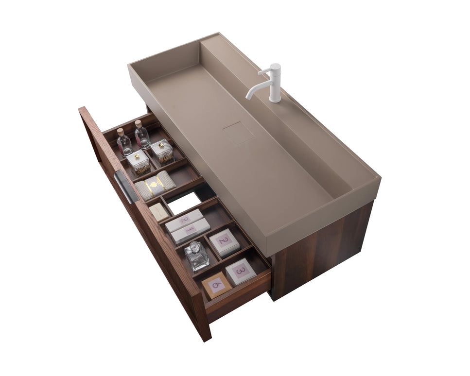 Set mobilier baie suspendat din lemn 120 cm cu lavoar și oglindă LED