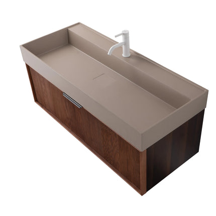 Set mobilier baie suspendat din lemn 120 cm cu lavoar și oglindă LED