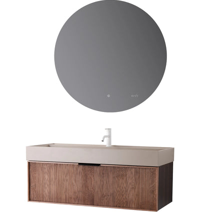 Set mobilier baie suspendat din lemn 120 cm cu lavoar și oglindă LED