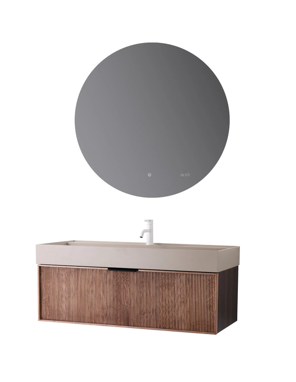Set mobilier baie suspendat din lemn 120 cm cu lavoar și oglindă LED