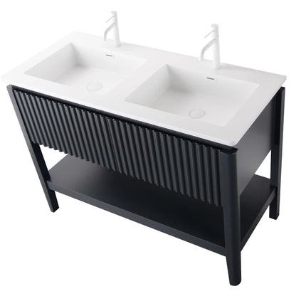 Set mobilier baie pe pardoseală 120 cm cu două lavoare și oglindă LED cu ramă neagră