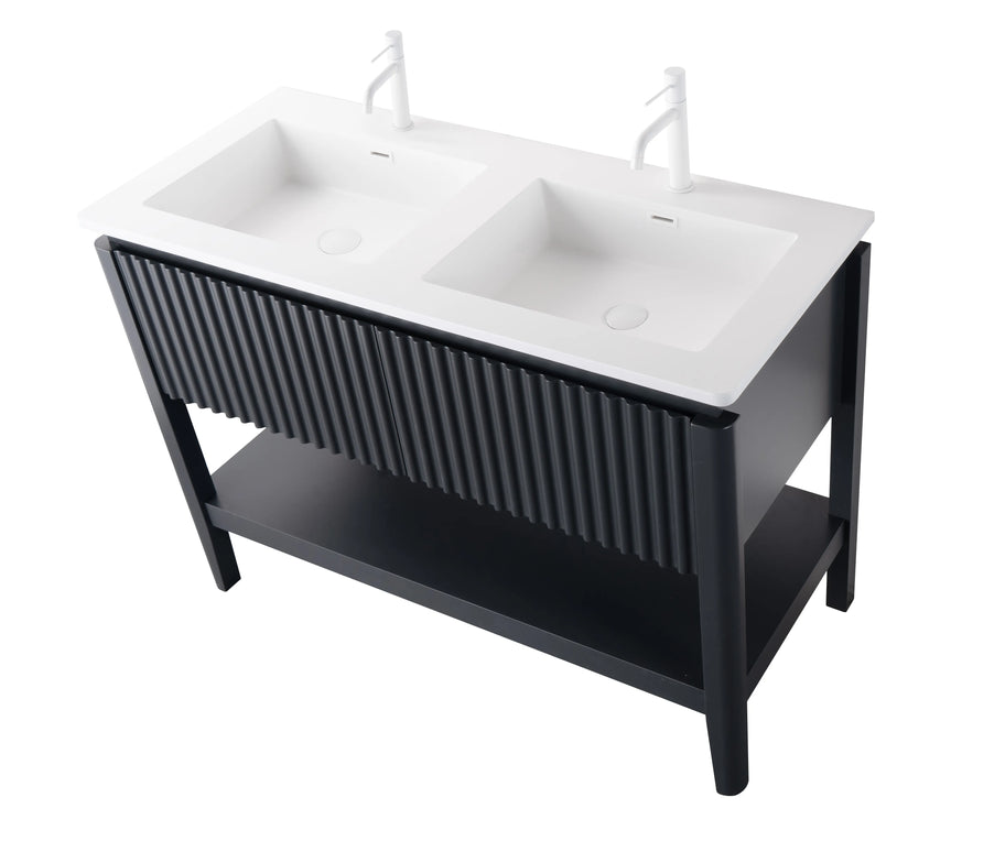 Set mobilier baie pe pardoseală 120 cm cu două lavoare și oglindă LED cu ramă neagră
