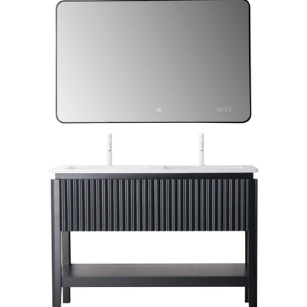 Set mobilier baie pe pardoseală 120 cm cu două lavoare și oglindă LED cu ramă neagră