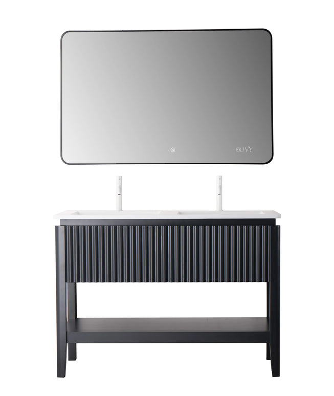 Set mobilier baie pe pardoseală 120 cm cu două lavoare și oglindă LED cu ramă neagră