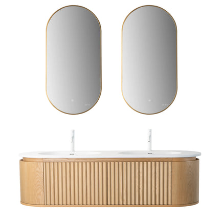 Set Mobilier Baie Dublu 160 cm din Lemn cu Două Lavoare & Oglinzi LED