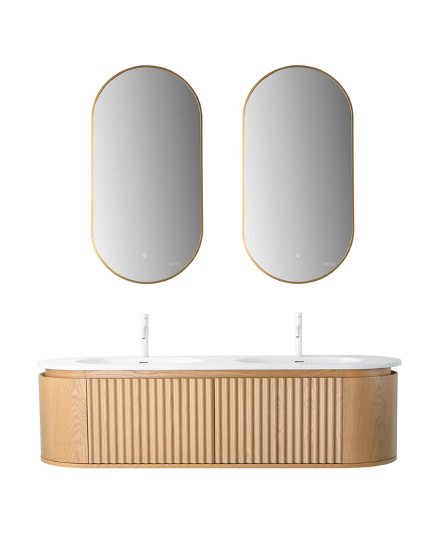 Set Mobilier Baie Dublu 160 cm din Lemn cu Două Lavoare & Oglinzi LED