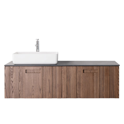 Set mobilier baie suspendat din lemn 140 cm cu lavoar și oglindă LED cu ramă din lemn