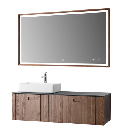 Set mobilier baie suspendat din lemn 140 cm cu lavoar și oglindă LED cu ramă din lemn