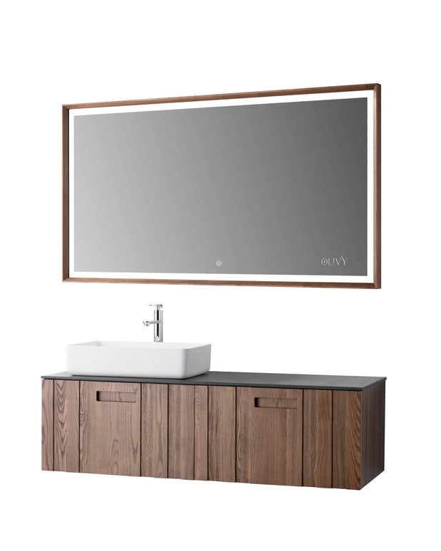 Set mobilier baie suspendat din lemn 140 cm cu lavoar și oglindă LED cu ramă din lemn