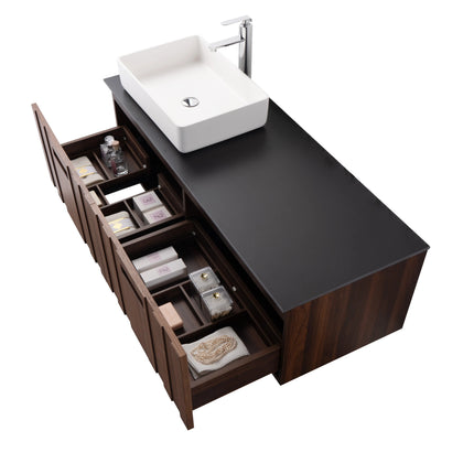 Set mobilier baie suspendat din lemn 140 cm cu lavoar și oglindă LED cu ramă din lemn