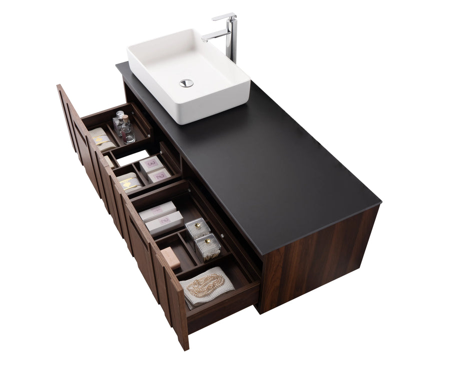 Set mobilier baie suspendat din lemn 140 cm cu lavoar și oglindă LED cu ramă din lemn