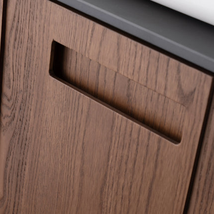 Set mobilier baie suspendat din lemn 140 cm cu lavoar și oglindă LED cu ramă din lemn
