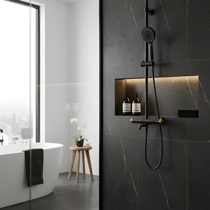 Set duș Royal Black & Gold – design modern cu cioc de cadă și comenzi texturate