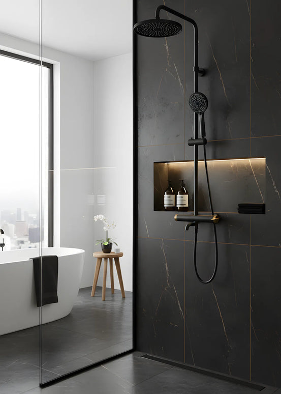 Set duș Royal Black & Gold – design modern cu cioc de cadă și comenzi texturate