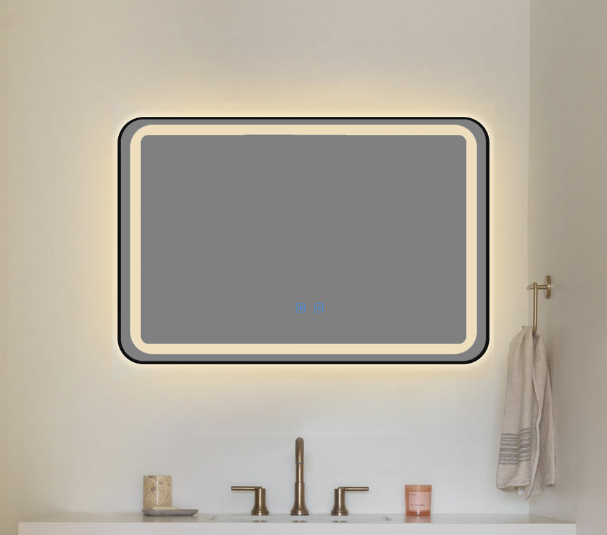 Oglindă baie LED H11 cu ramă neagră, 3 lumini, anti-aburire și touch control