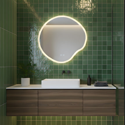 Oglindă baie LED H-3018, forma neregulată, 3 nuanțe de lumină, anti-aburire, touch control