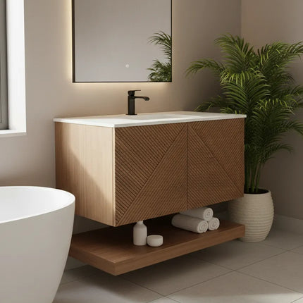 Set Mobilier Baie din Lemn cu Design Geometric & Oglindă LED – Model Premium