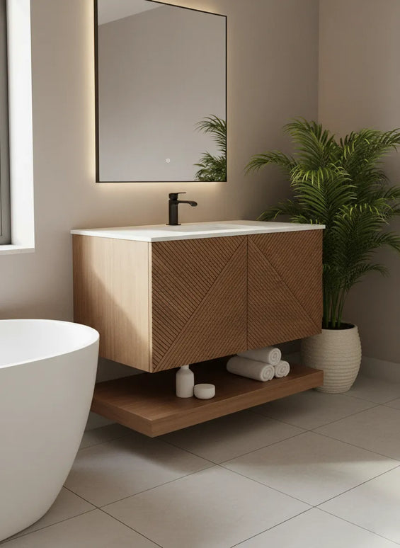 Set Mobilier Baie din Lemn cu Design Geometric & Oglindă LED – Model Premium