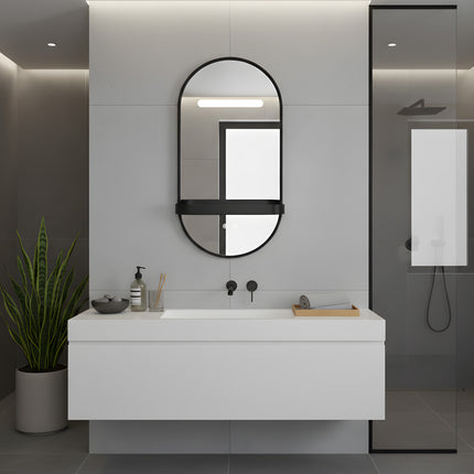 Oglindă LED Baie H-3086 cu Ramă și Raft Aluminiu Negru – Anti-aburire & 3 Lumini