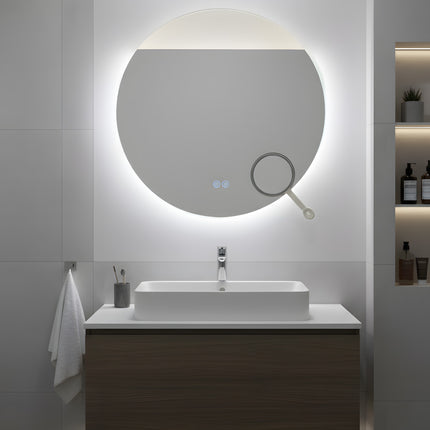 Oglindă LED Rotundă H-2003 cu Lumină COB, Anti-Aburire, 3 Nuante de Lumină și Lupă Cosmetica