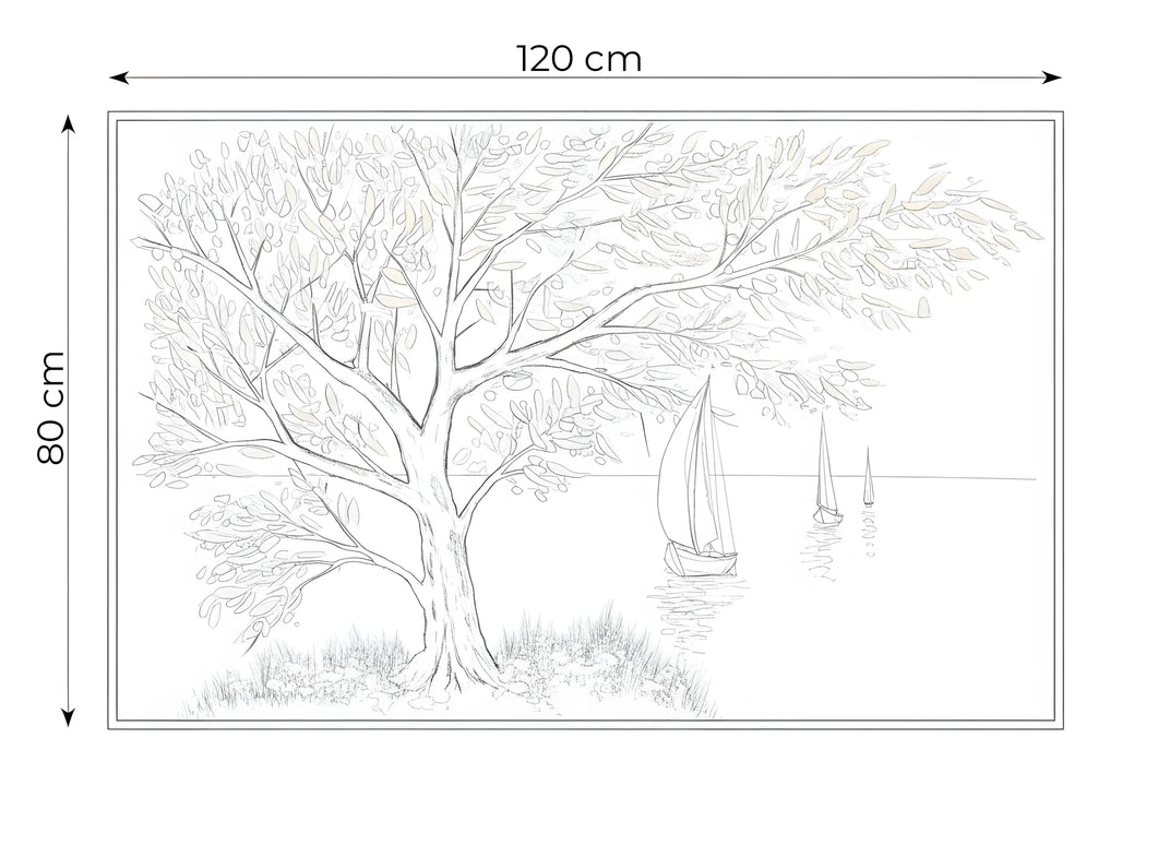Tablou marin cu copac și vele în tonuri reci – 120×80 cm | Olivy