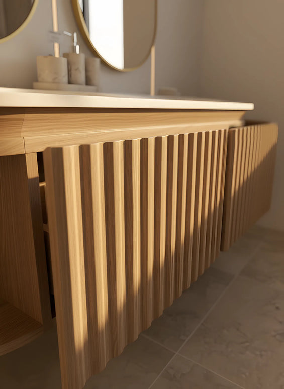 Set Mobilier Baie Dublu din Lemn cu Două Lavoare & Oglinzi LED – Design Premium