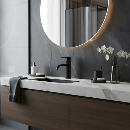Baterie lavoar negru mat cu textură canelată – design contemporan din alamă solidă
