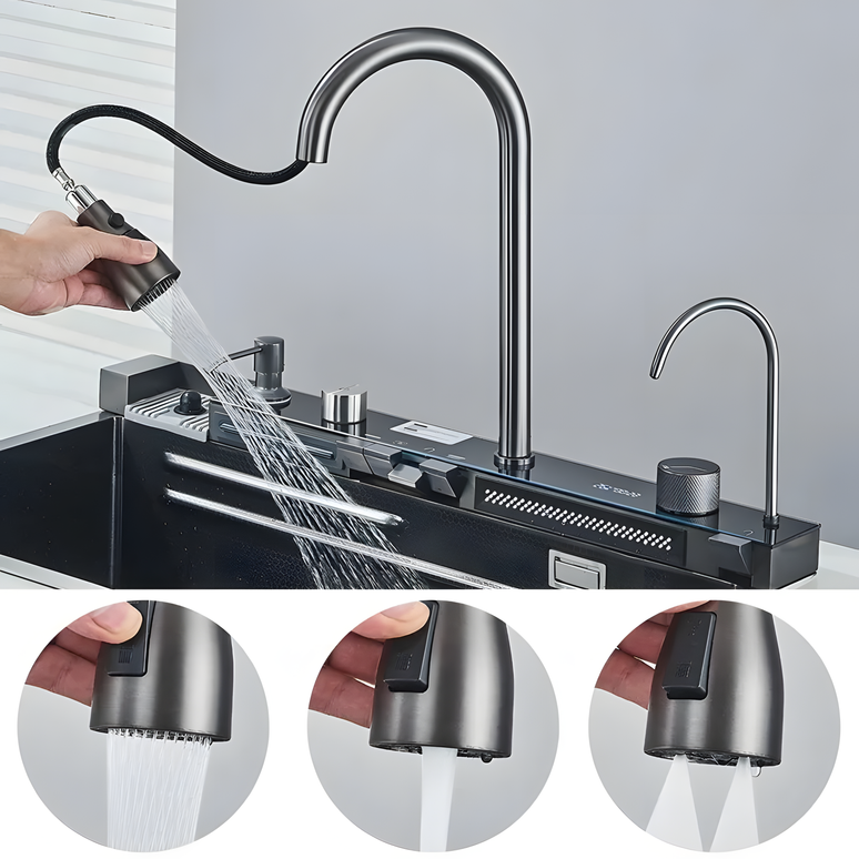 Chiuvetă multifuncțională cu accesorii, HMDF 7546 cu baterie digitală, Gri antracit www.olivy.ro
