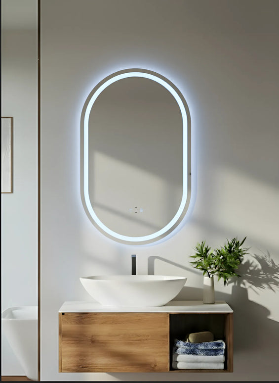 Oglindă baie LED H120 ovală cu 3 lumini, senzor IR și anti-aburire