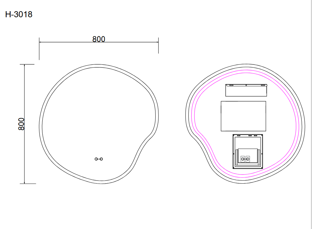 Oglindă baie LED 80x80 cm cu formă neregulată, 3 nuanțe de lumină, anti-aburire și touch control J-3018