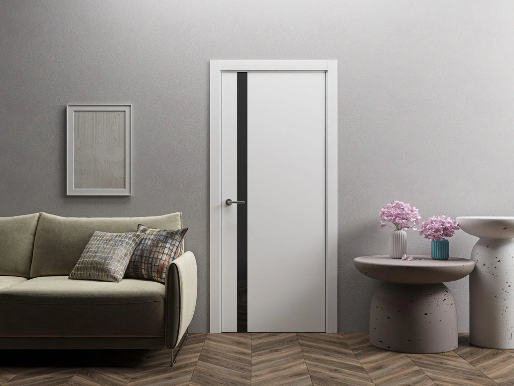 Ușă interior City White Silk Mat – cu sticlă neagră aplicată și toc reglabil, complet echipată Omis
