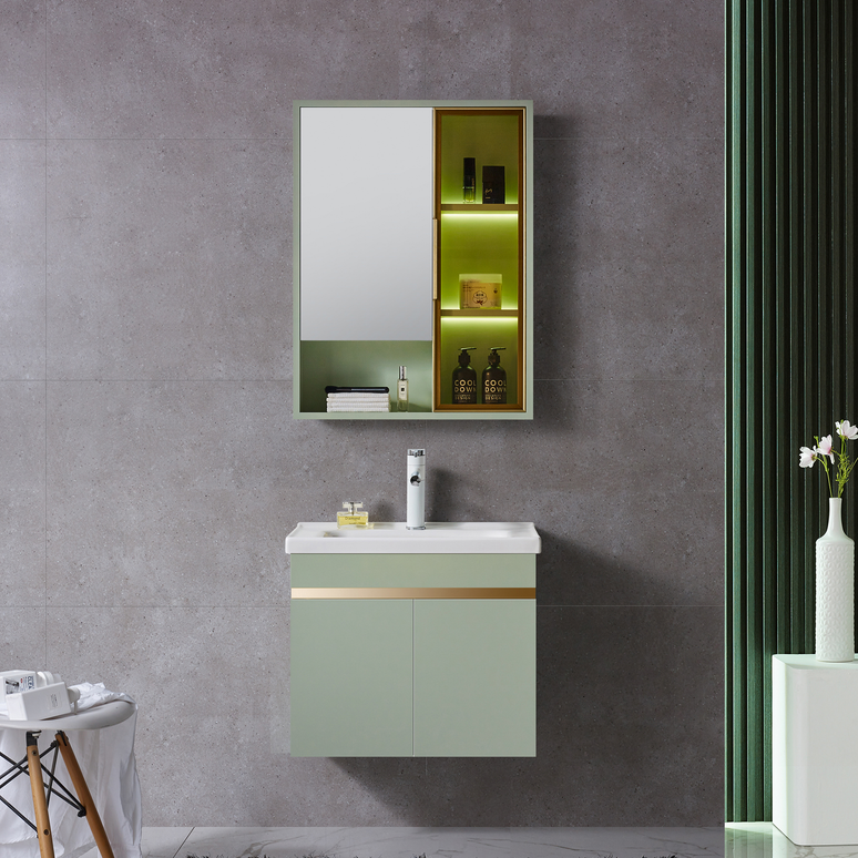 Set complet mobilier baie suspendat Viena cu lavoar și dulap cu oglindă – verde pastel