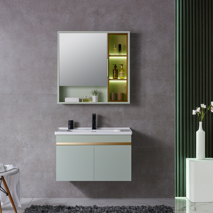 Set complet mobilier baie suspendat Viena cu lavoar și dulap cu oglindă – verde pastel