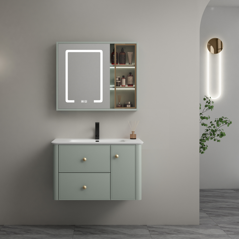 Set complet mobilier baie suspendat Serena cu lavoar și dulap cu oglindă LED – verde fistic